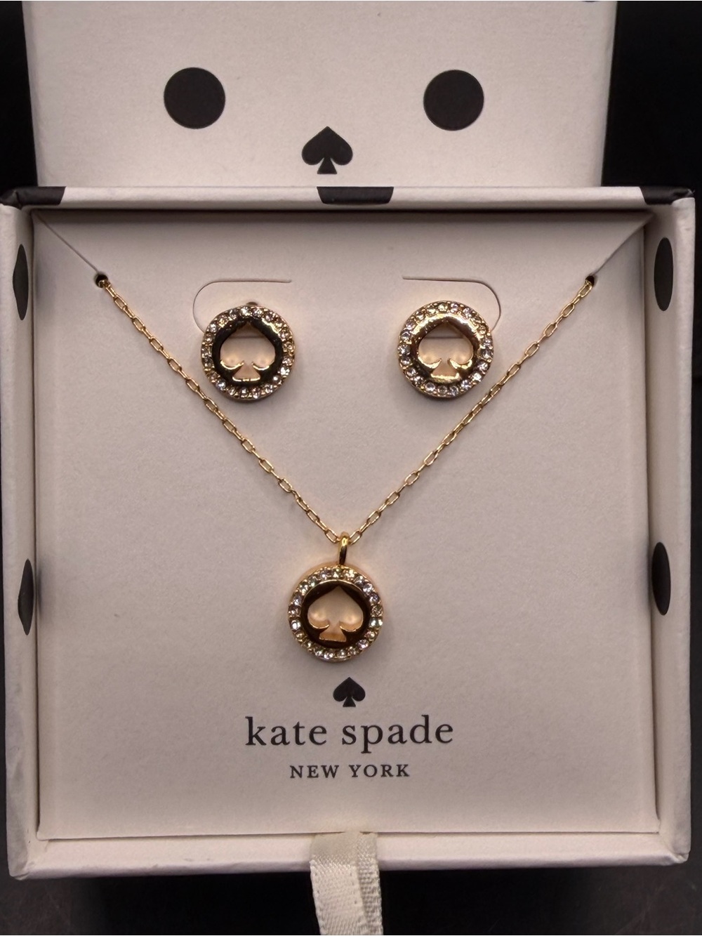 Kate Spade "Spot The Spade" Gold Pendant Necklace & Halo Stud Earrings Box Set